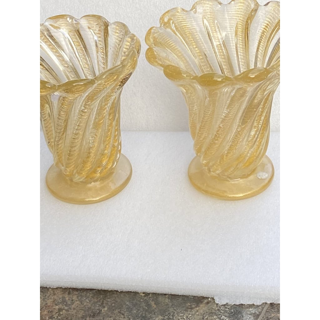 1970′ Vases Similaires Torsadés Cristal Murano Avec Paillons D’ Or Murano