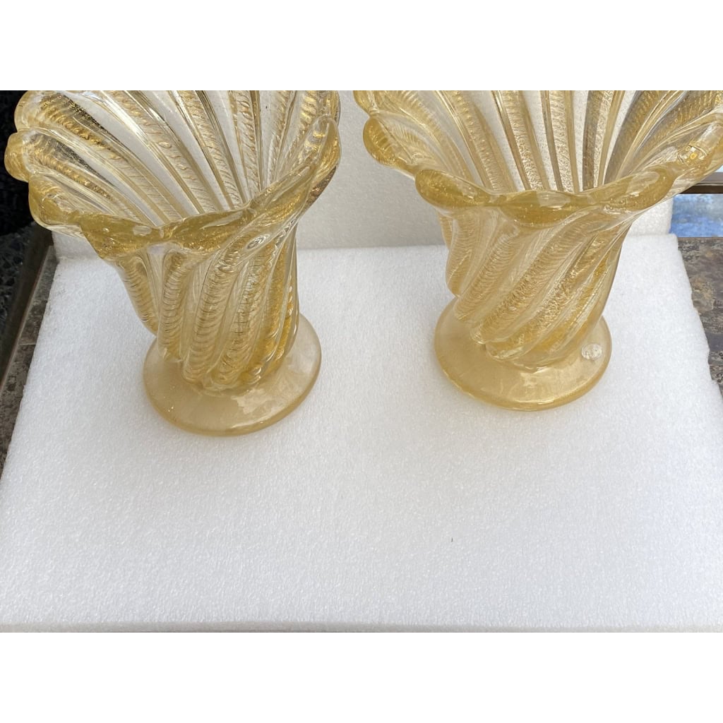 1970′ Vases Similaires Torsadés Cristal Murano Avec Paillons D’ Or Murano