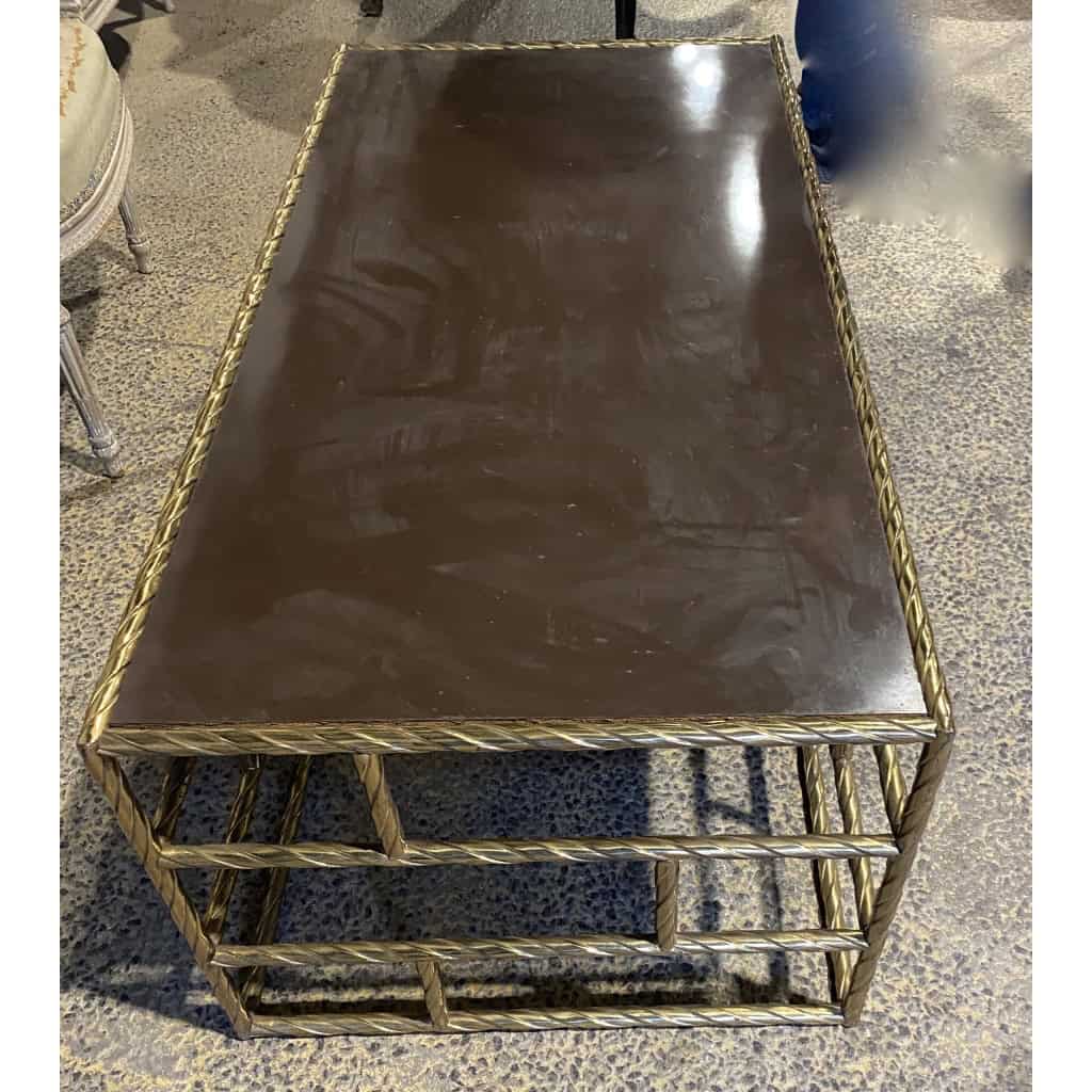1970′ Table Basse En Bronze Oxydé Plateau Laqué