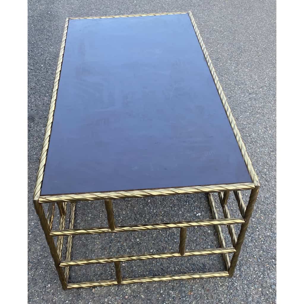 1970′ Table Basse En Bronze Oxydé Plateau Laqué
