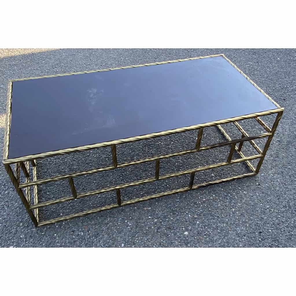 1970′ Table Basse En Bronze Oxydé Plateau Laqué