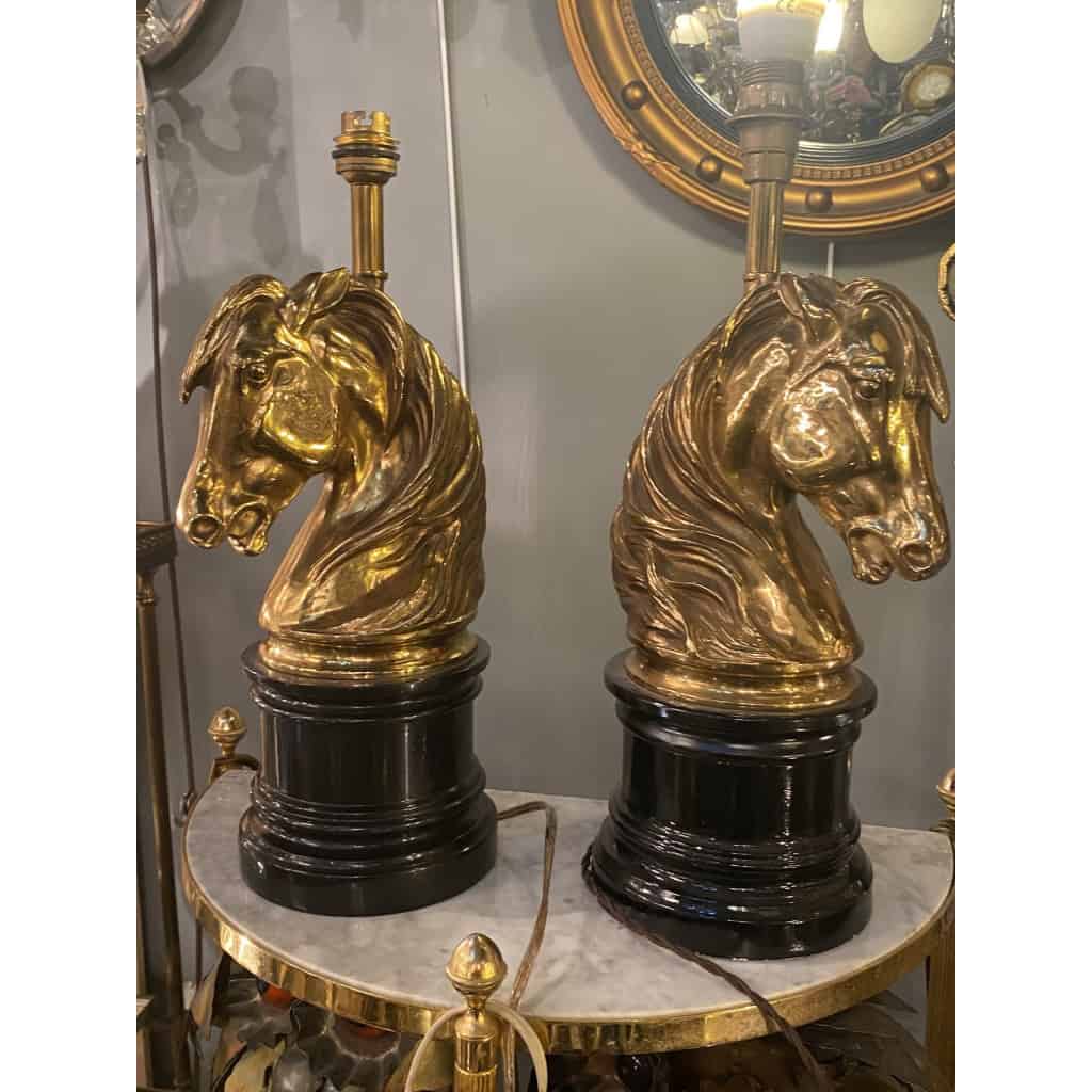 1950/70 Paire De Lampes Bronze Doré Et Marbre A La Tête De Cheval, Maison Charles, Jansen