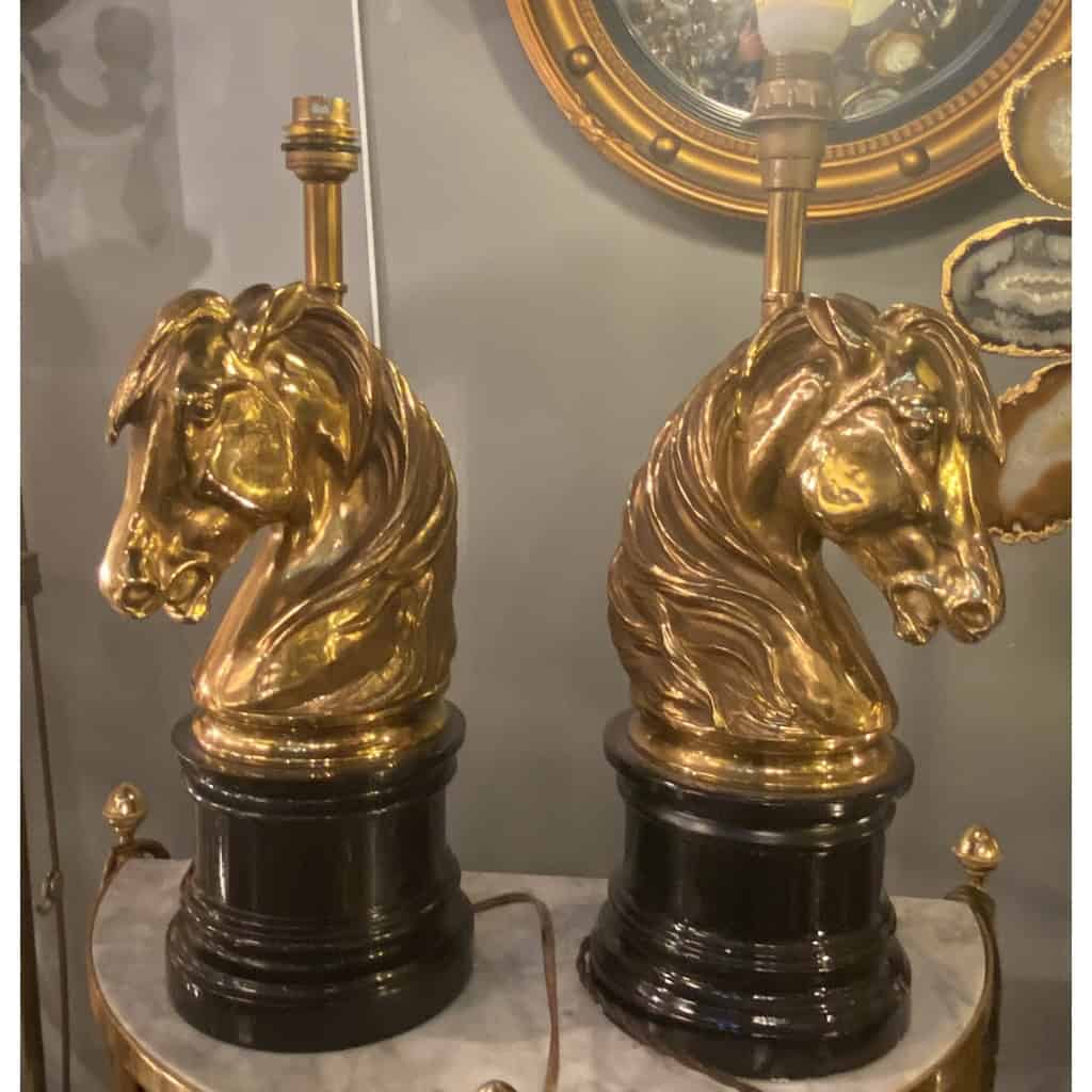 1950/70 Paire De Lampes Bronze Doré Et Marbre A La Tête De Cheval, Maison Charles, Jansen
