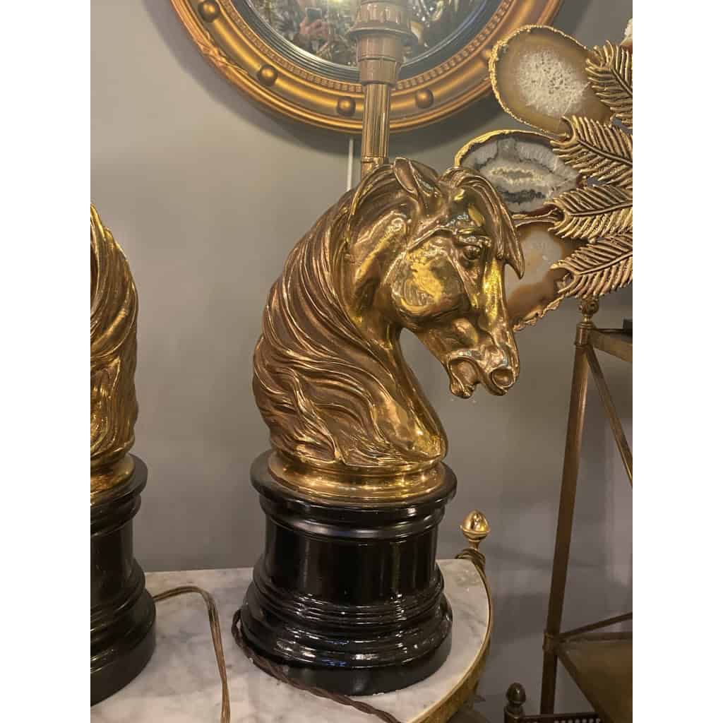 1950/70 Paire De Lampes Bronze Doré Et Marbre A La Tête De Cheval, Maison Charles, Jansen