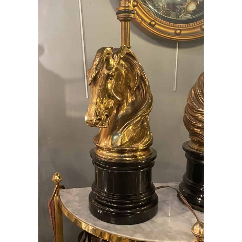 1950/70 Paire De Lampes Bronze Doré Et Marbre A La Tête De Cheval, Maison Charles, Jansen