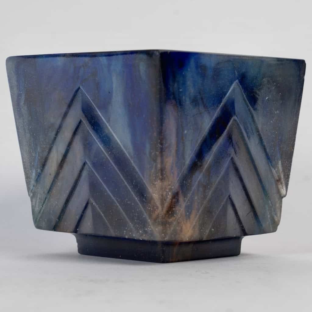 Bol Coupe « Carrés Chevrons » pâte de verre bleue de François DECORCHEMONT | Biron ||||||