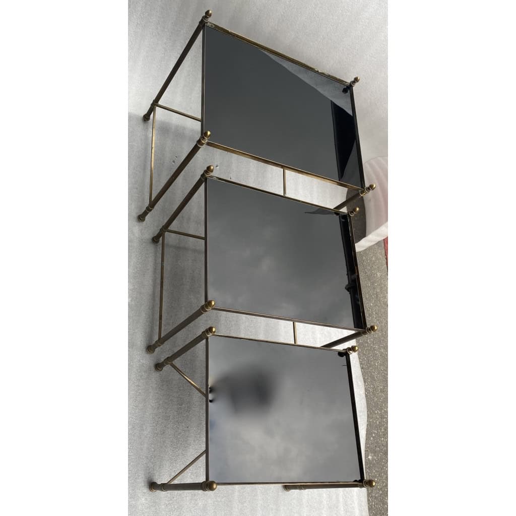 1970′ Série De 3 Tables Gigognes Maison Baguès En Bronze Doré, 3 Plateaux Verre Noirci