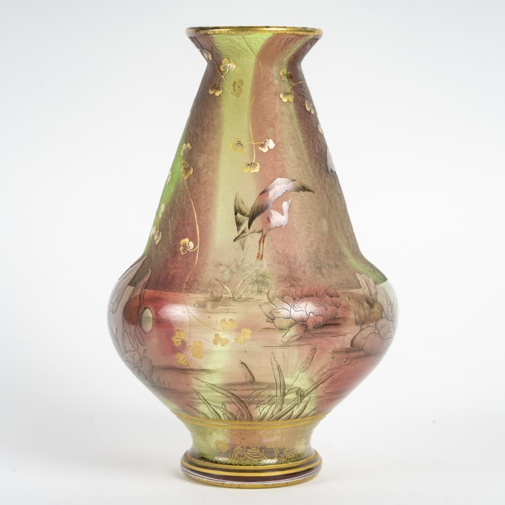 Daum Nancy – Rare Vase Aux Herons Ou Aux Grues, Roseaux Et Nénuphars, Pâte De Verre Art Nouveau | Biron |||||||||