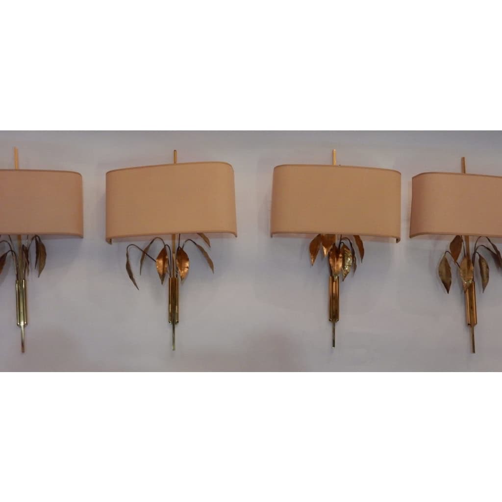1970′ Série de 4 Appliques Maison Charles Aux Feuillages De Laurier | Biron 1970′ Série de 4 Appliques Maison Charles Aux Feuillages De Laurier