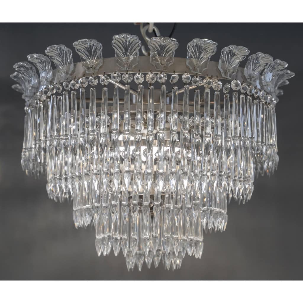 Paire De Plafonniers En Laiton Nickelé, à Pampilles En Cristal | Biron Paire De Plafonniers En Laiton Nickelé, à Pampilles En Cristal