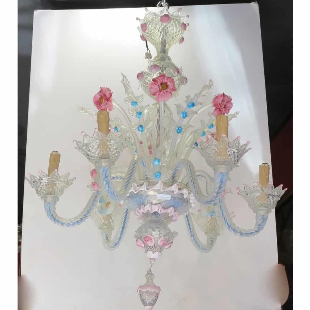 1950′ Lustre Murano à 6 Lumières en Verre Bleu Opalescent et Pâte de Verre Rose | Biron |||||||||
