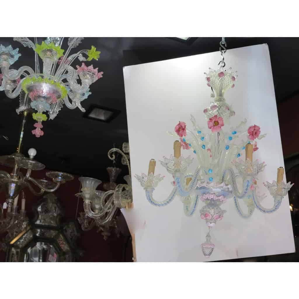 1950′ Lustre Murano à 6 Lumières en Verre Bleu Opalescent et Pâte de Verre Rose | Biron 1950′ Lustre Murano à 6 Lumières en Verre Bleu Opalescent et Pâte de Verre Rose