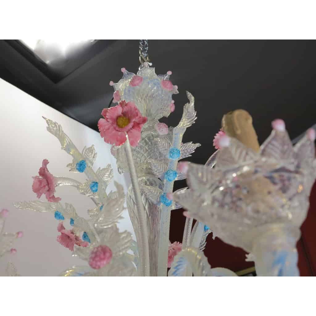 1950′ Lustre Murano à 6 Lumières en Verre Bleu Opalescent et Pâte de Verre Rose | Biron 1950′ Lustre Murano à 6 Lumières en Verre Bleu Opalescent et Pâte de Verre Rose