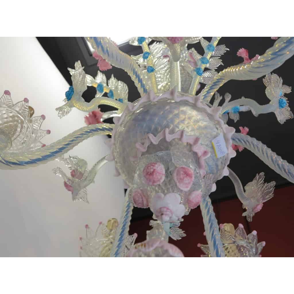 1950′ Lustre Murano à 6 Lumières en Verre Bleu Opalescent et Pâte de Verre Rose | Biron 1950′ Lustre Murano à 6 Lumières en Verre Bleu Opalescent et Pâte de Verre Rose