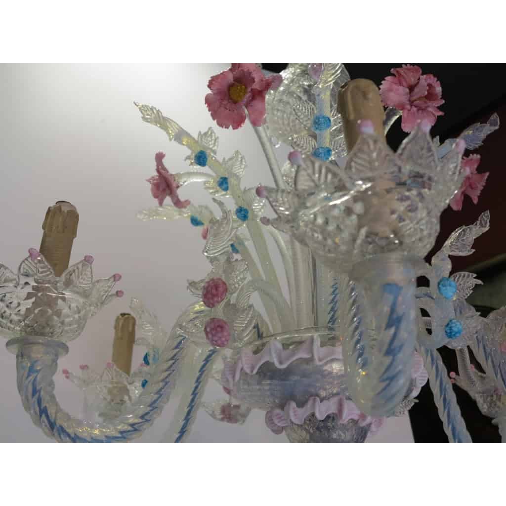 1950′ Lustre Murano à 6 Lumières en Verre Bleu Opalescent et Pâte de Verre Rose | Biron 1950′ Lustre Murano à 6 Lumières en Verre Bleu Opalescent et Pâte de Verre Rose