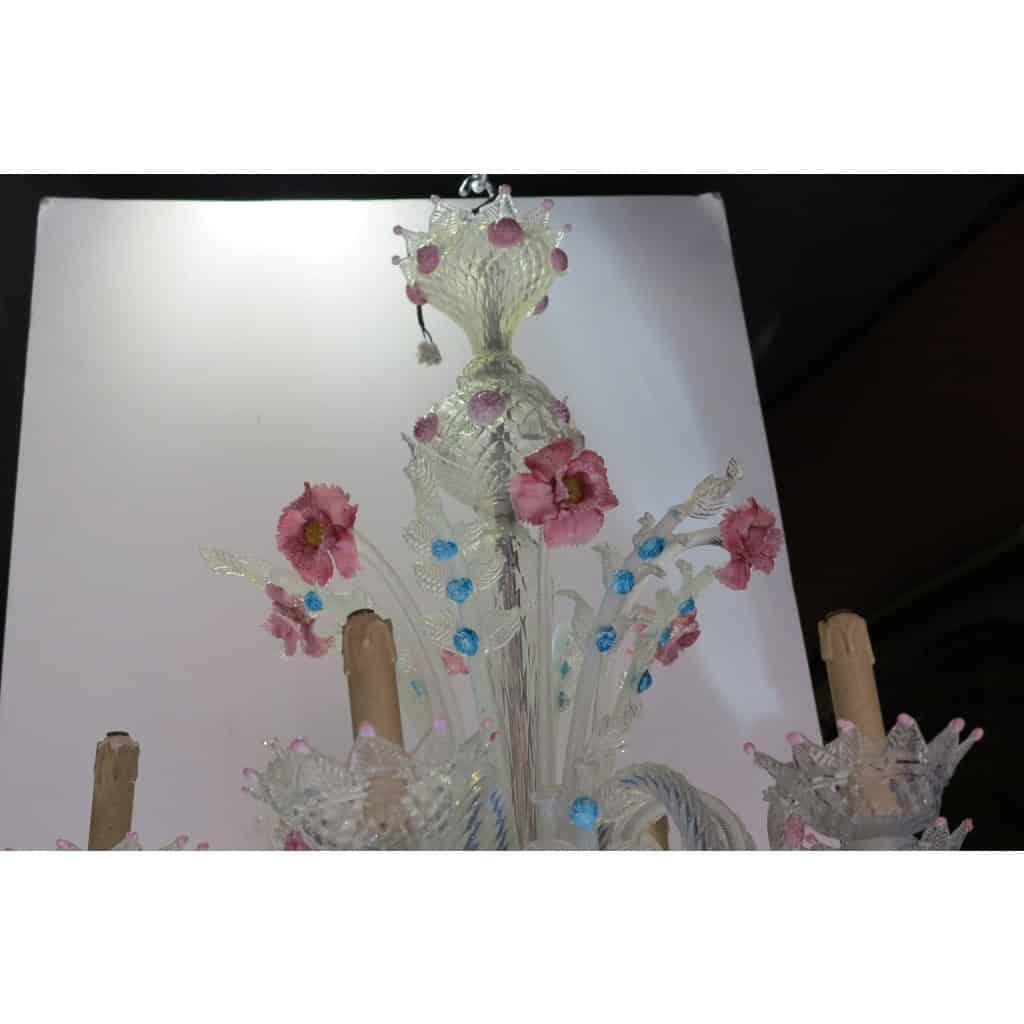 1950′ Lustre Murano à 6 Lumières en Verre Bleu Opalescent et Pâte de Verre Rose | Biron 1950′ Lustre Murano à 6 Lumières en Verre Bleu Opalescent et Pâte de Verre Rose