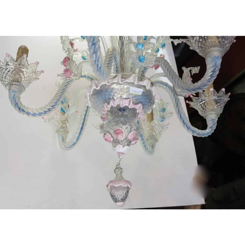 1950′ Lustre Murano à 6 Lumières en Verre Bleu Opalescent et Pâte de Verre Rose | Biron 1950′ Lustre Murano à 6 Lumières en Verre Bleu Opalescent et Pâte de Verre Rose