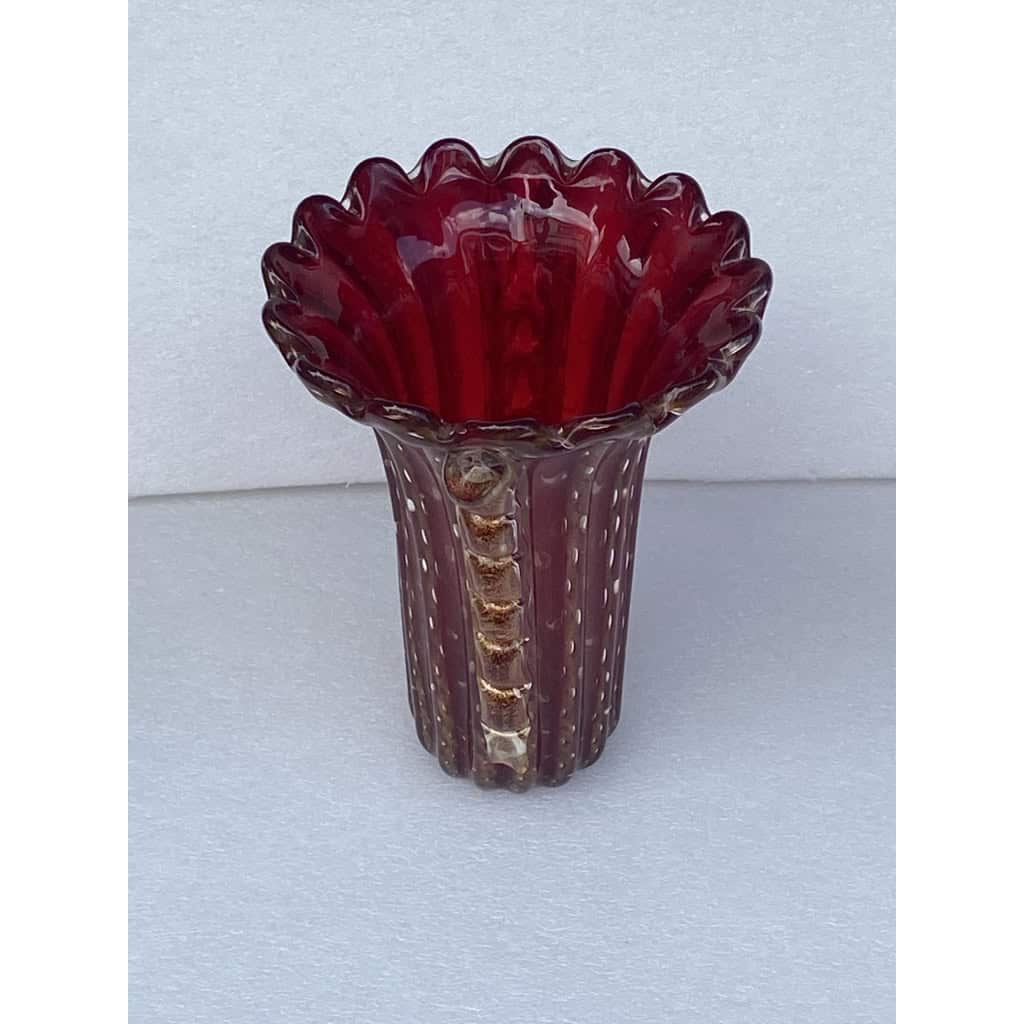 1970′ Vase Cristal Murano Violine et Or Signé Toso 5