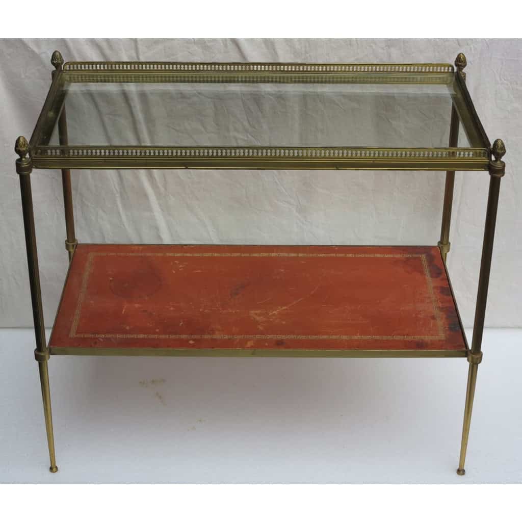 1970′ Étagère en Bronze avec Galerie Maison Baguès et 2 Plateaux Vitre et Gainés de Cuir Beige 2