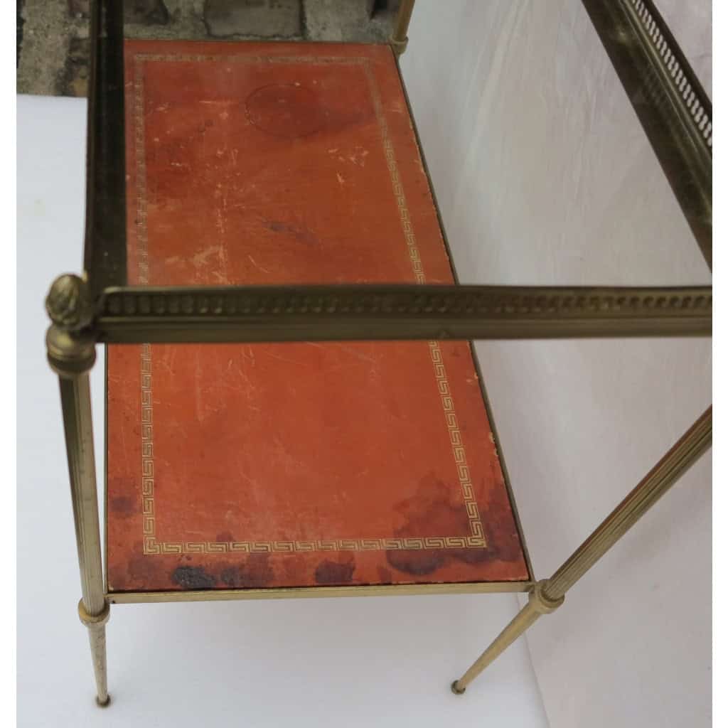 1970′ Étagère en Bronze avec Galerie Maison Baguès et 2 Plateaux Vitre et Gainés de Cuir Beige 4