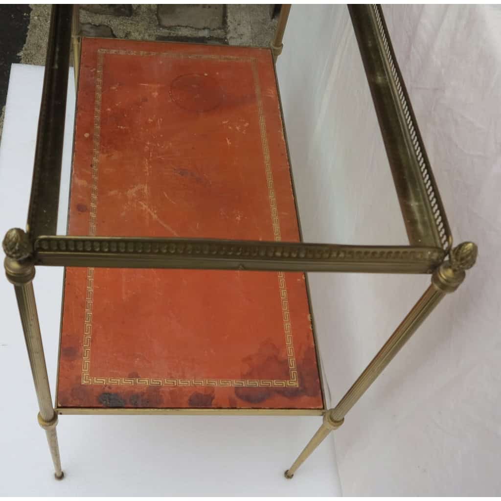1970′ Étagère en Bronze avec Galerie Maison Baguès et 2 Plateaux Vitre et Gainés de Cuir Beige 7