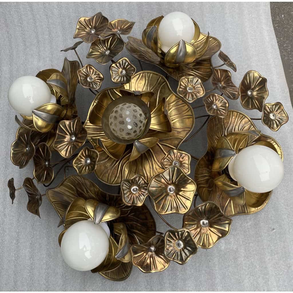 1970′ Plafonnier Au Feuillage Maison Jansen en Laiton Diamètre 90 cm 5 Ampoules | Biron 1970′ Plafonnier Au Feuillage Maison Jansen en Laiton Diamètre 90 cm 5 Ampoules