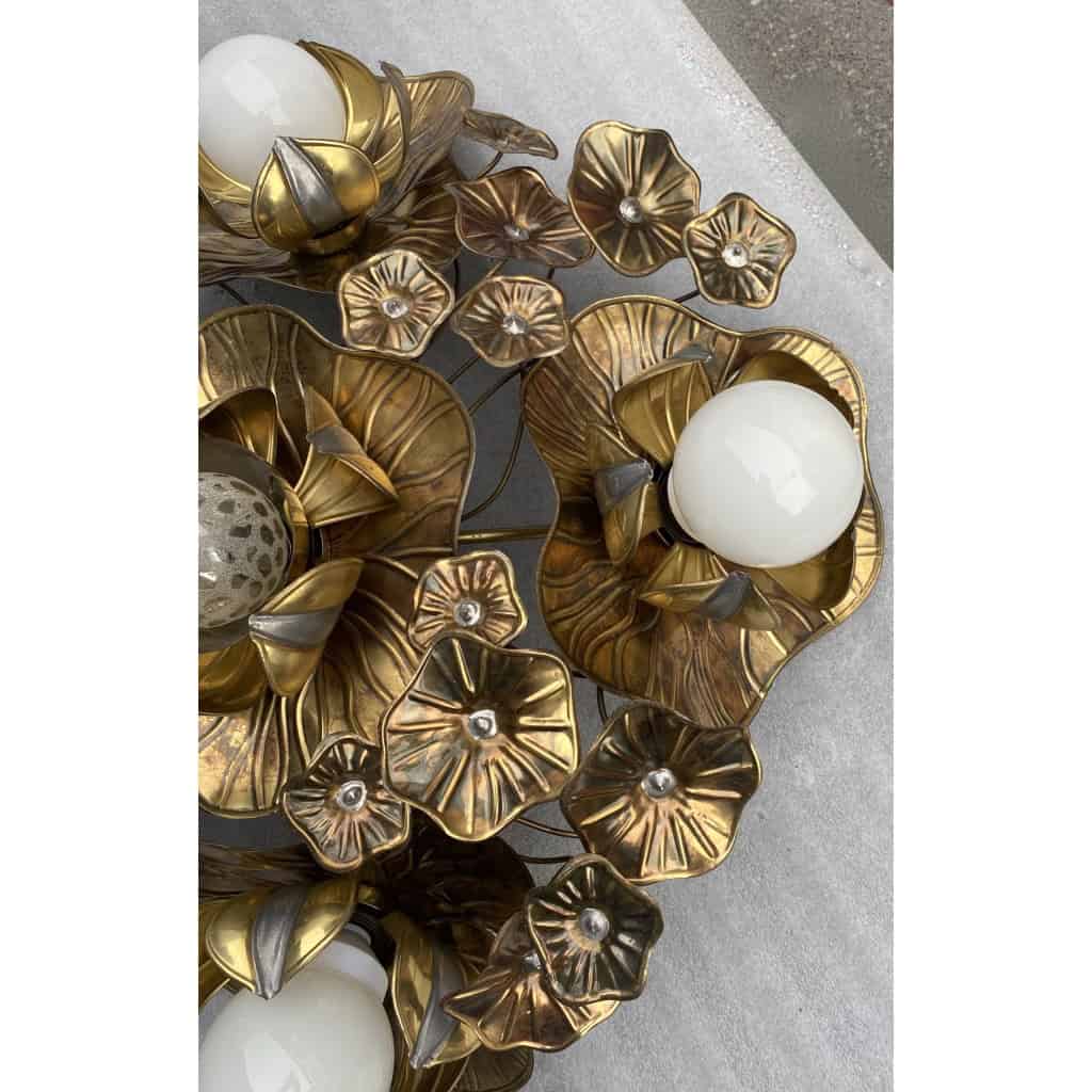 1970′ Plafonnier Au Feuillage Maison Jansen en Laiton Diamètre 90 cm 5 Ampoules | Biron 1970′ Plafonnier Au Feuillage Maison Jansen en Laiton Diamètre 90 cm 5 Ampoules