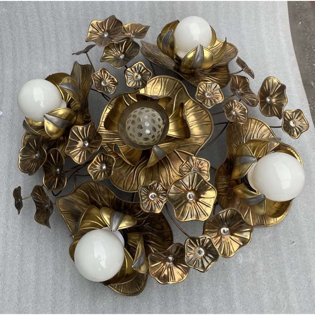1970′ Plafonnier Au Feuillage Maison Jansen en Laiton Diamètre 90 cm 5 Ampoules | Biron 1970′ Plafonnier Au Feuillage Maison Jansen en Laiton Diamètre 90 cm 5 Ampoules