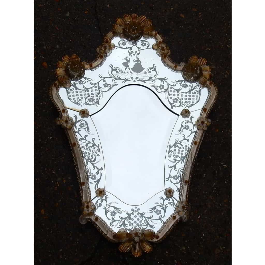 1950/70 Miroir Murano Romantique Avec Paillons d’Or Mr et Mme 2