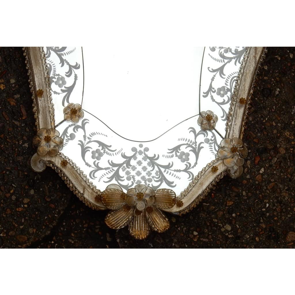 1950/70 Miroir Murano Romantique Avec Paillons d’Or Mr et Mme 3