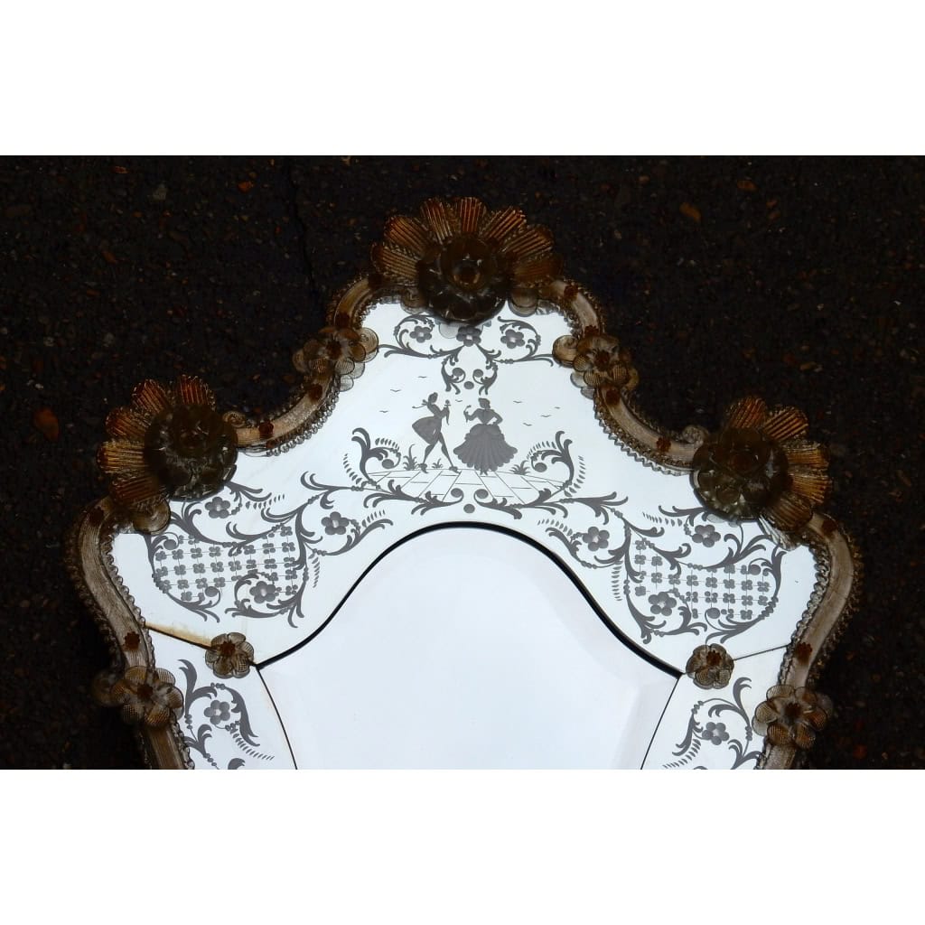1950/70 Miroir Murano Romantique Avec Paillons d’Or Mr et Mme 4