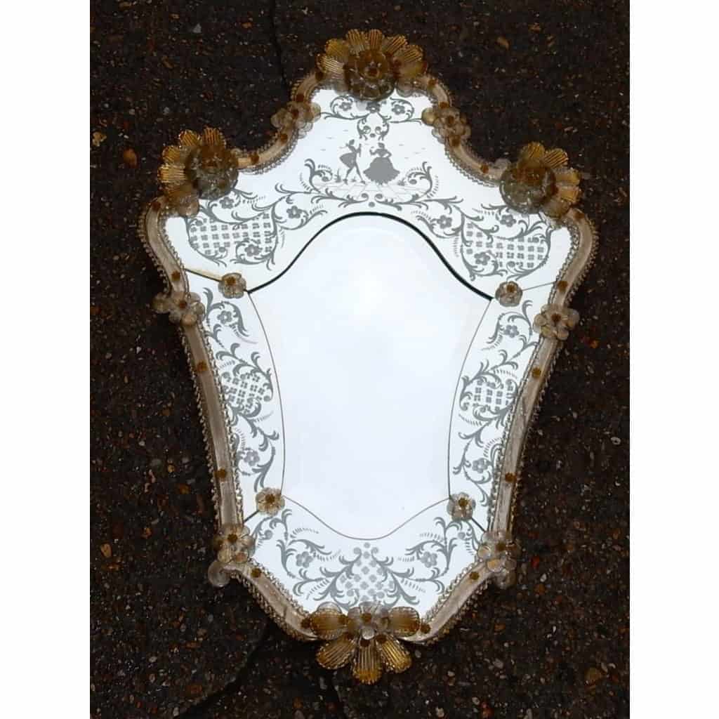 1950/70 Miroir Murano Romantique Avec Paillons d’Or Mr et Mme 7