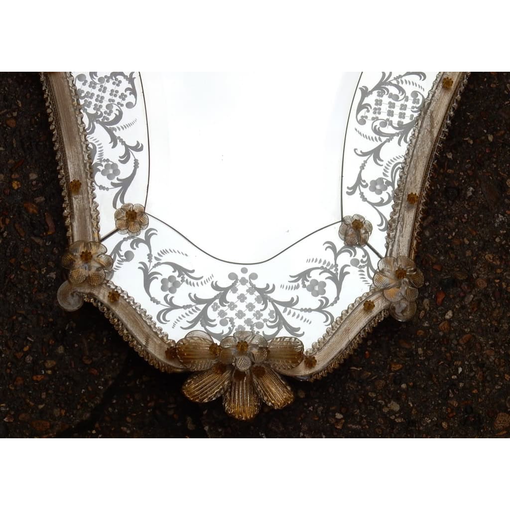 1950/70 Miroir Murano Romantique Avec Paillons d’Or Mr et Mme 8
