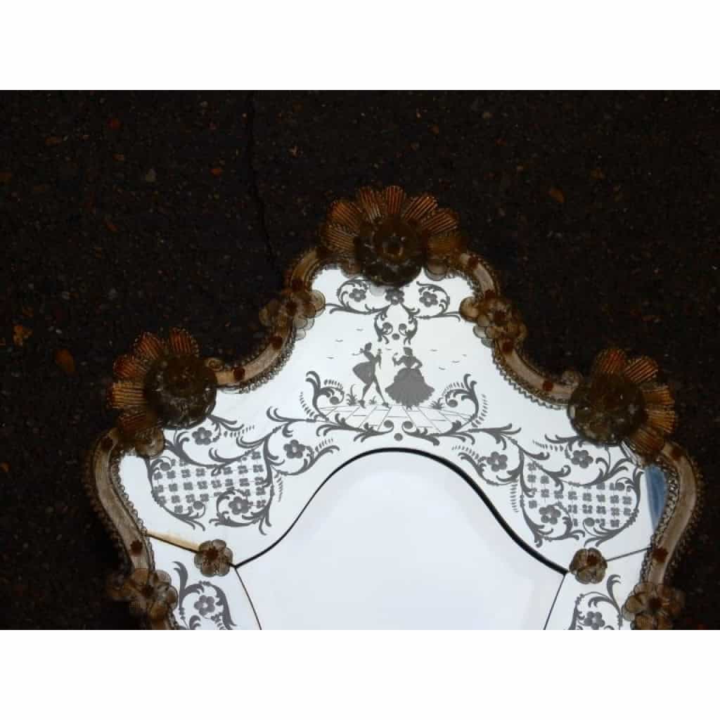 1950/70 Miroir Murano Romantique Avec Paillons d’Or Mr et Mme 9