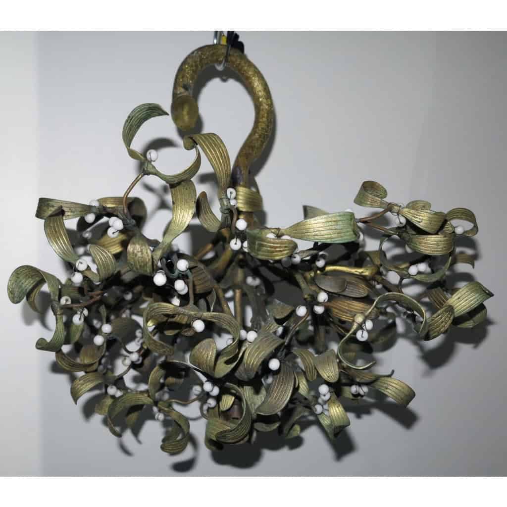 Lustre Boule de Gui Art Nouveau à 4 Ampoules en Bronze et Perles Opaline | Biron |||||||||