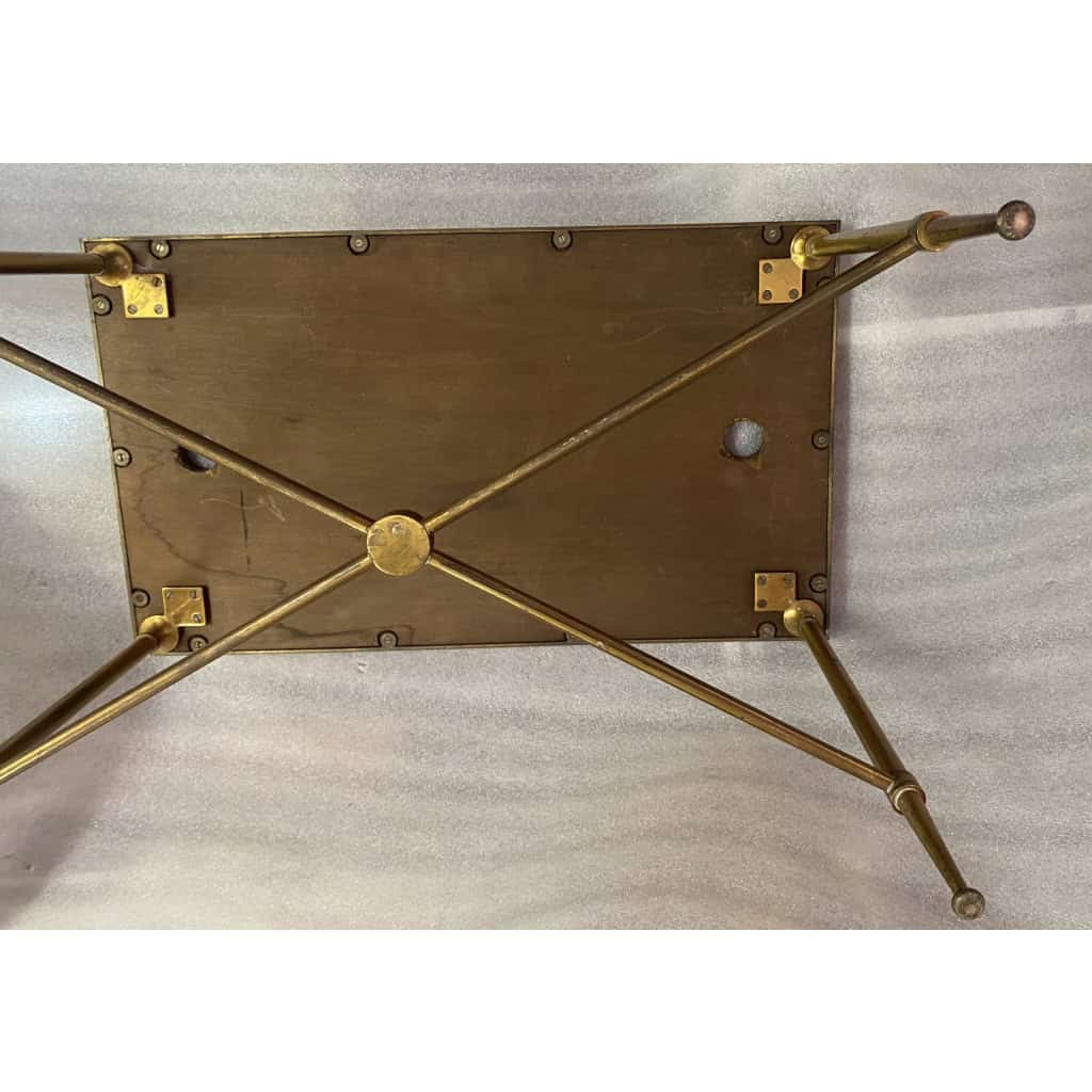 1950/70′ Bout de Canapé Bronze, Plateau Marbre Ou Onyx Bleu Et Rouille Maison Charles Signé Avec Entretoise