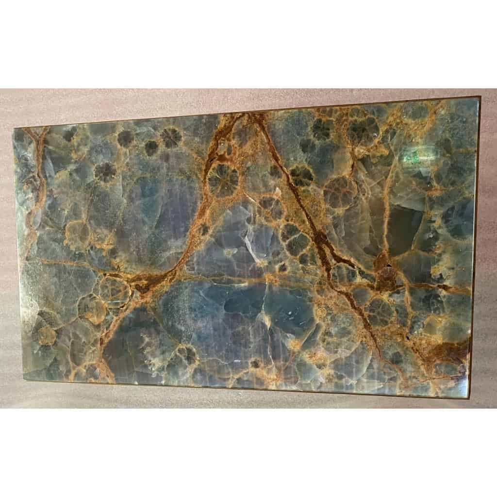 1950/70′ Bout de Canapé Bronze, Plateau Marbre Ou Onyx Bleu Et Rouille Maison Charles Signé Avec Entretoise