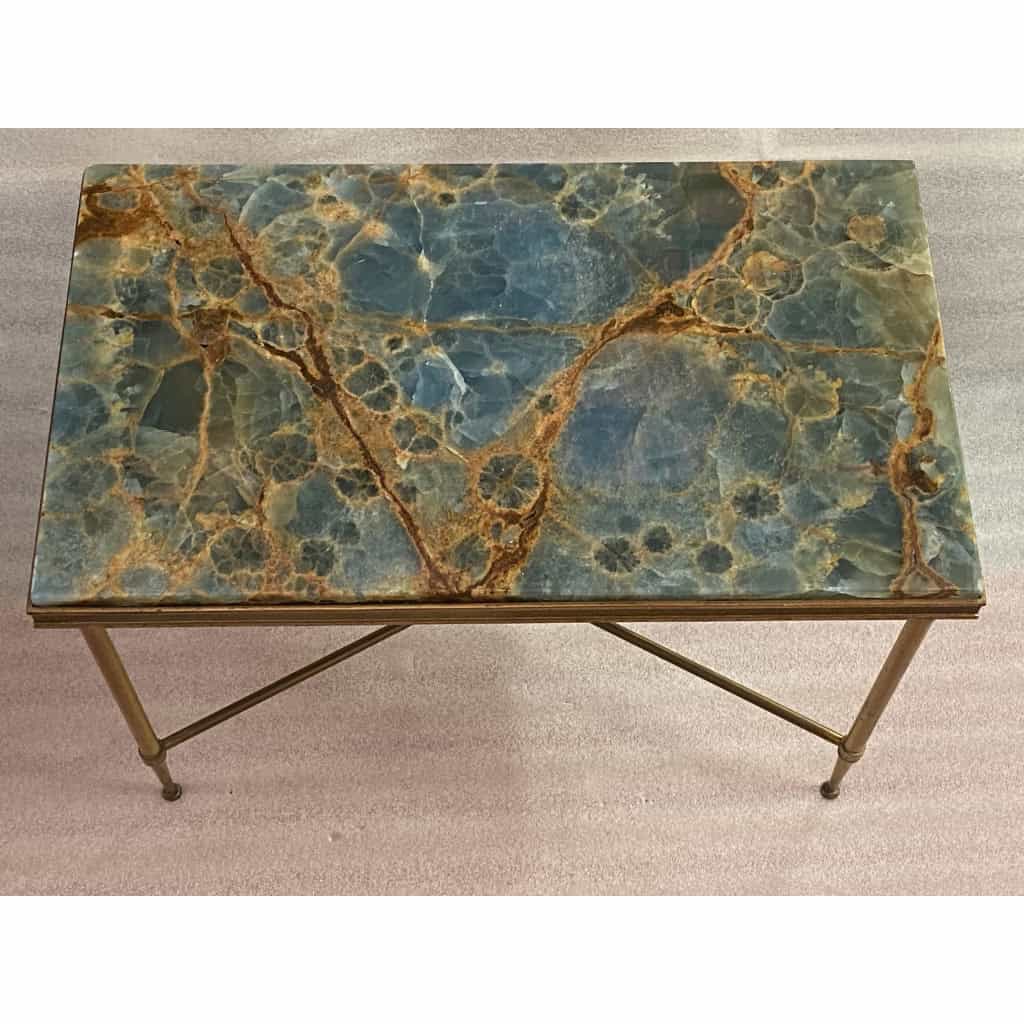 1950/70′ Bout de Canapé Bronze, Plateau Marbre Ou Onyx Bleu Et Rouille Maison Charles Signé Avec Entretoise