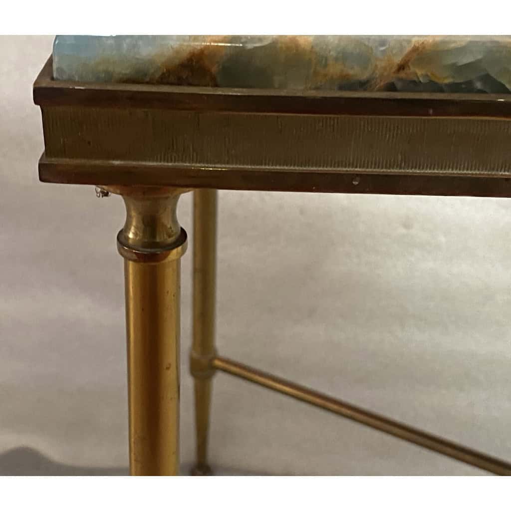 1950/70′ Bout de Canapé Bronze, Plateau Marbre Ou Onyx Bleu Et Rouille Maison Charles Signé Avec Entretoise