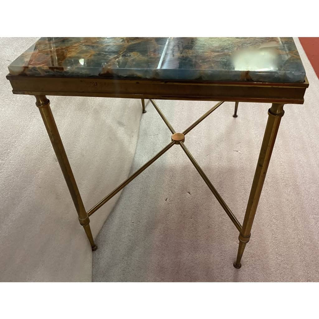 1950/70′ Bout de Canapé Bronze, Plateau Marbre Ou Onyx Bleu Et Rouille Maison Charles Signé Avec Entretoise