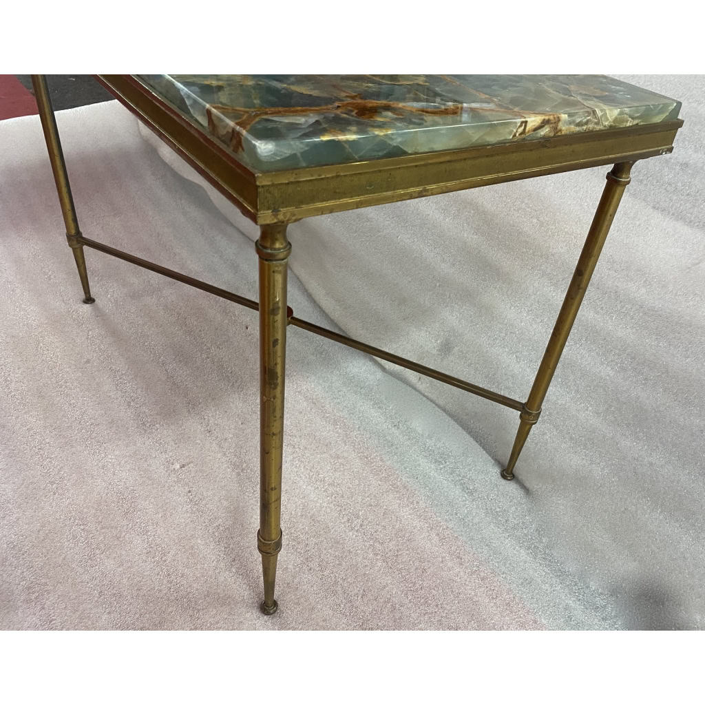 1950/70′ Bout de Canapé Bronze, Plateau Marbre Ou Onyx Bleu Et Rouille Maison Charles Signé Avec Entretoise