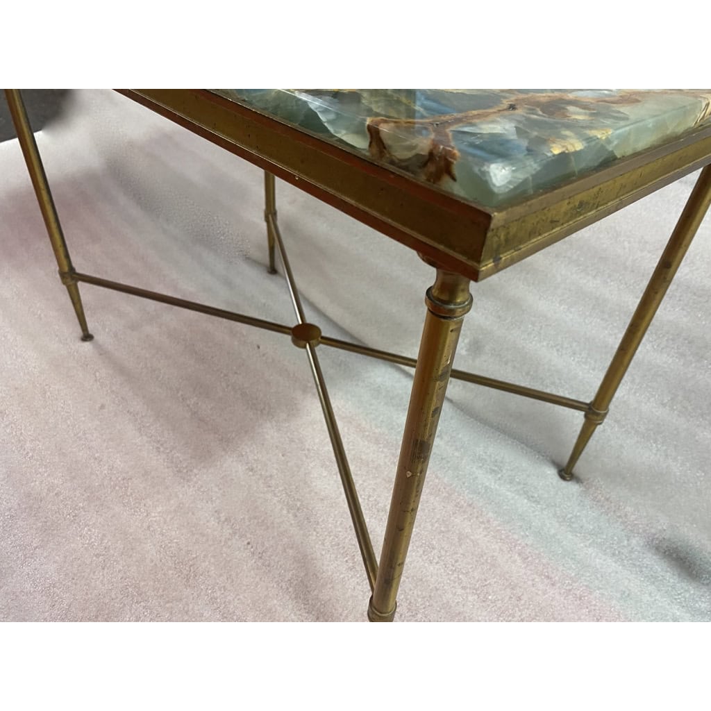 1950/70′ Bout de Canapé Bronze, Plateau Marbre Ou Onyx Bleu Et Rouille Maison Charles Signé Avec Entretoise