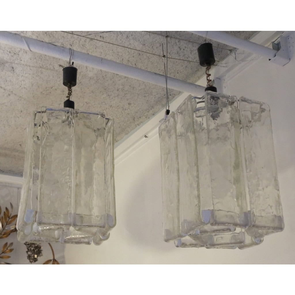 1950′ Paire de Lustres Venini en Forme de Cage Cristal de Murano | Biron 1950′ Paire de Lustres Venini en Forme de Cage Cristal de Murano