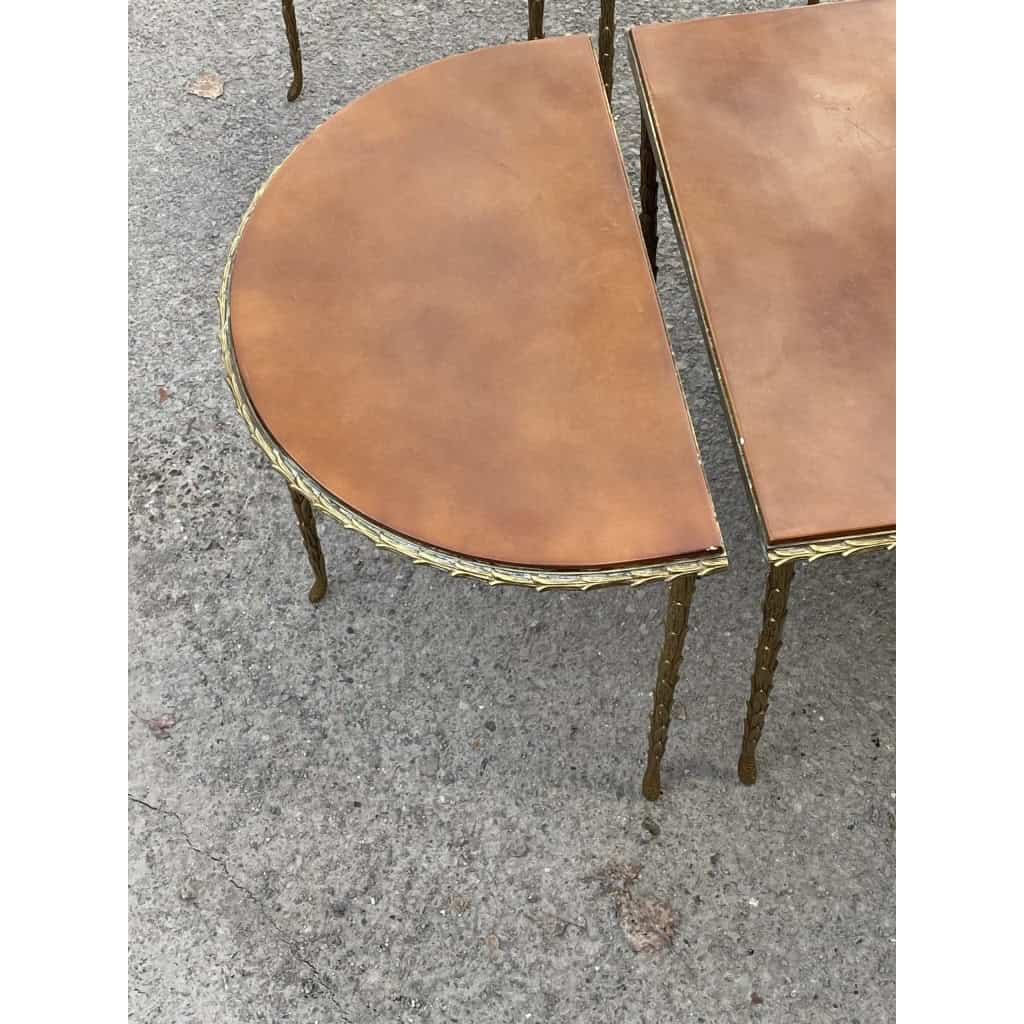 1970′ Table Tripartite Et Ses 2 Consoles Maison Charles Décor Palmier en Bronze Doré avec Plateaux Laqués | Biron 1970′ Table Tripartite Et Ses 2 Consoles Maison Charles Décor Palmier en Bronze Doré avec Plateaux Laqués
