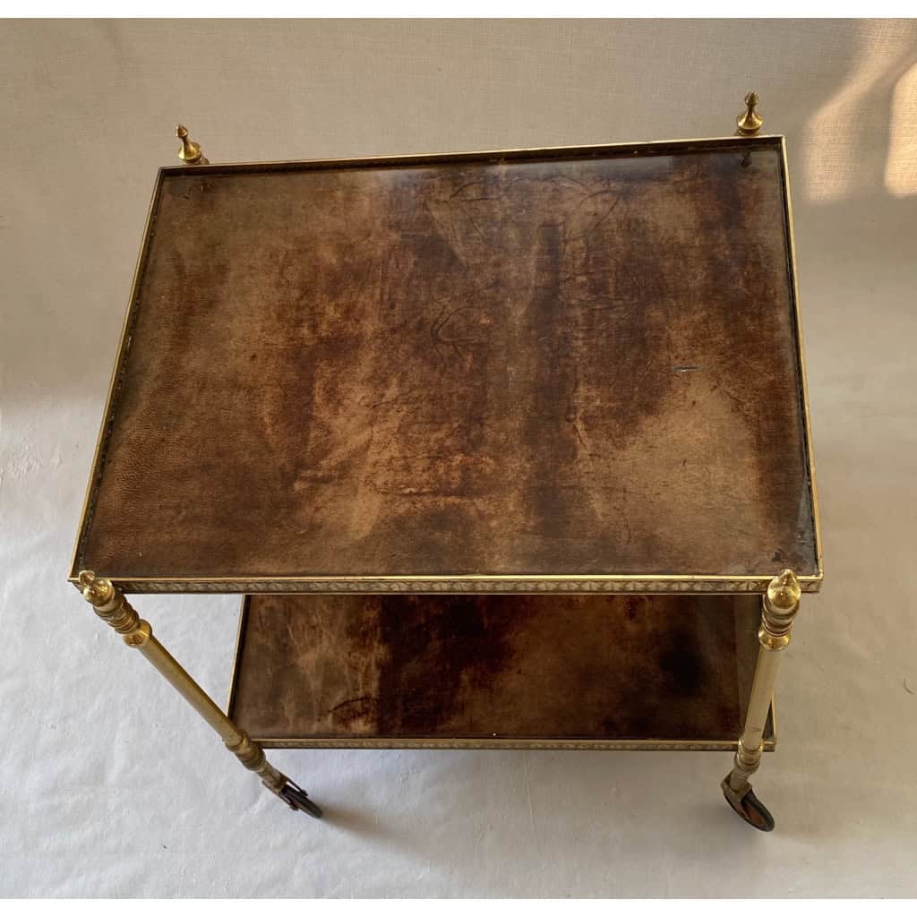 1970′ Desserte Roulante Aldo Tura Bronze Doré Plateaux Gainés Peau De Chèvre | Biron |||||||||