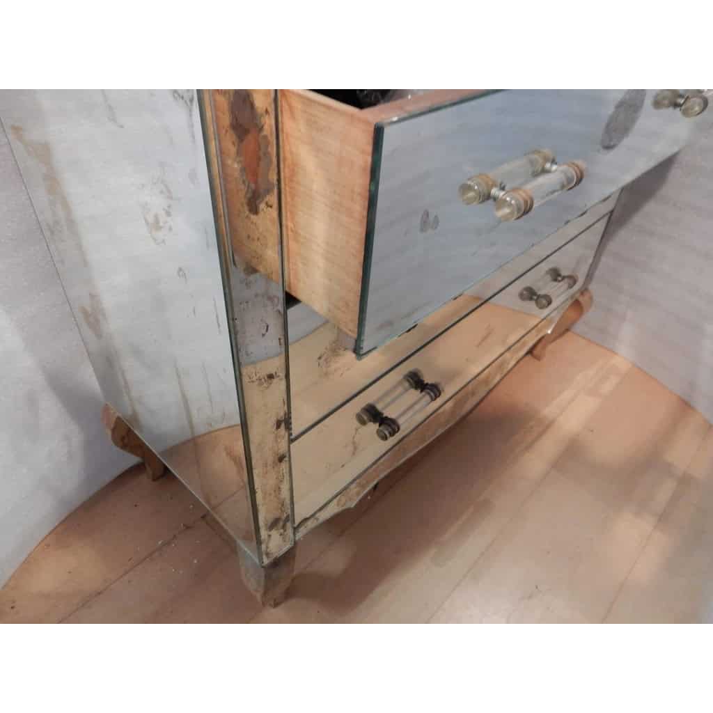 1940/50′ Commode Art Déco Miroir Vintage 3 Tiroirs 6 Poignées Verre | Biron 1940/50′ Commode Art Déco Miroir Vintage 3 Tiroirs 6 Poignées Verre