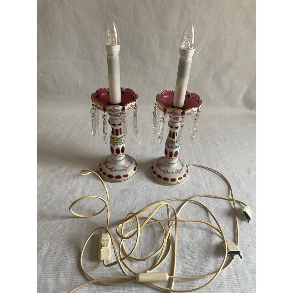 1970′ Paire de Lampes Baccarat Overlay | Biron 1970′ Paire de Lampes Baccarat Overlay