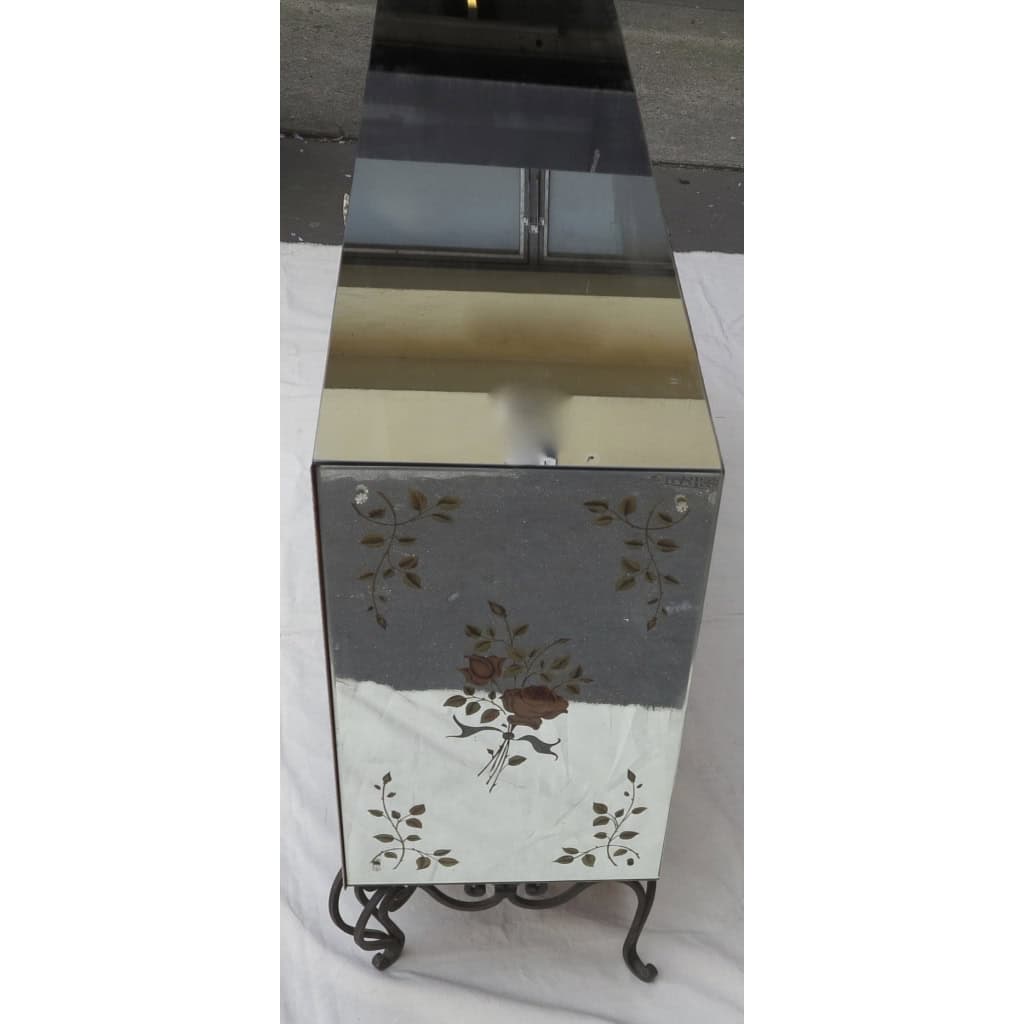 1950/70′ Paire De Buffets Miroir Avec Décor Fleurs Églomisées