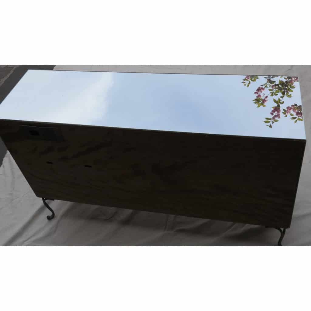 1950/70′ Paire De Buffets Miroir Avec Décor Fleurs Églomisées