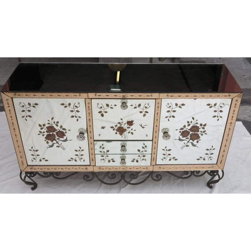 1950/70′ Paire De Buffets Miroir Avec Décor Fleurs Églomisées